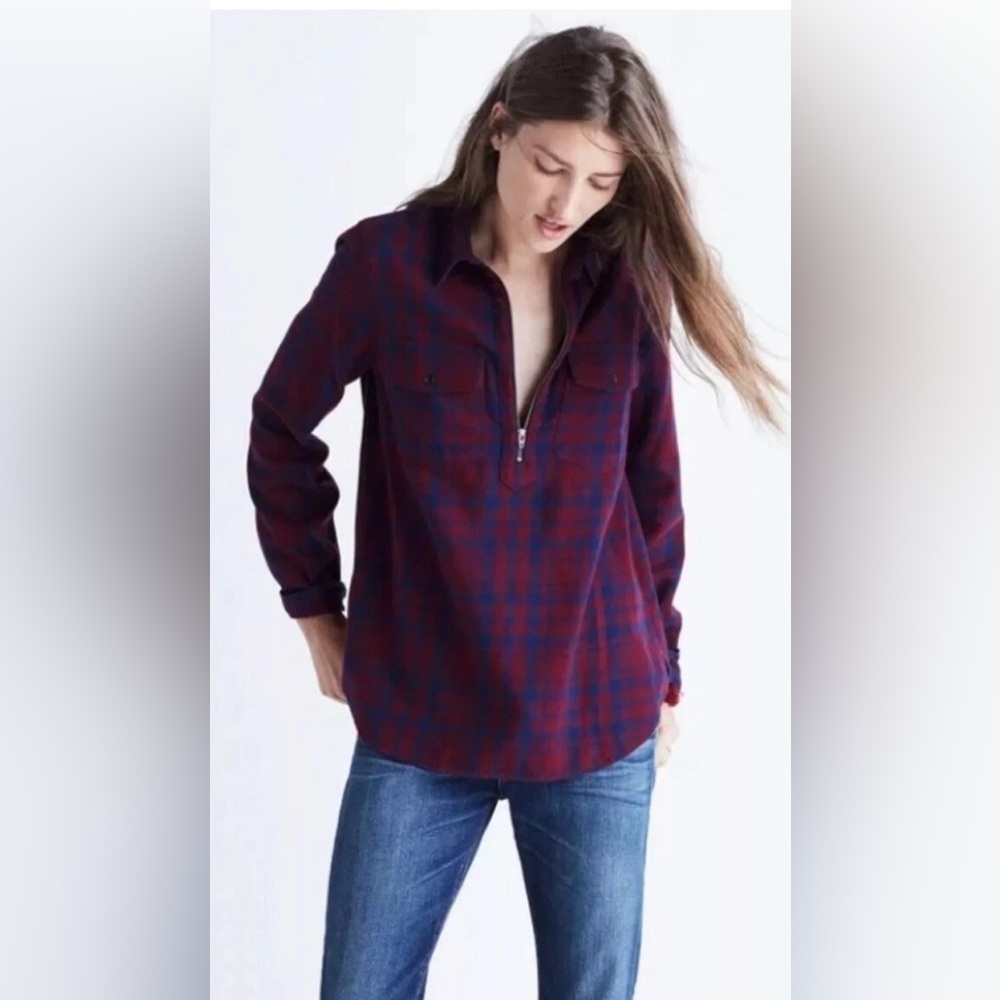 Madewell Flannel Mckinney Popover Blue Red Plaid Shirt Women XS